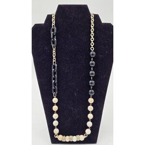 Ann Taylor Gold Tone Chain Necklace w/ Black White Beads & Rhinestone Accents